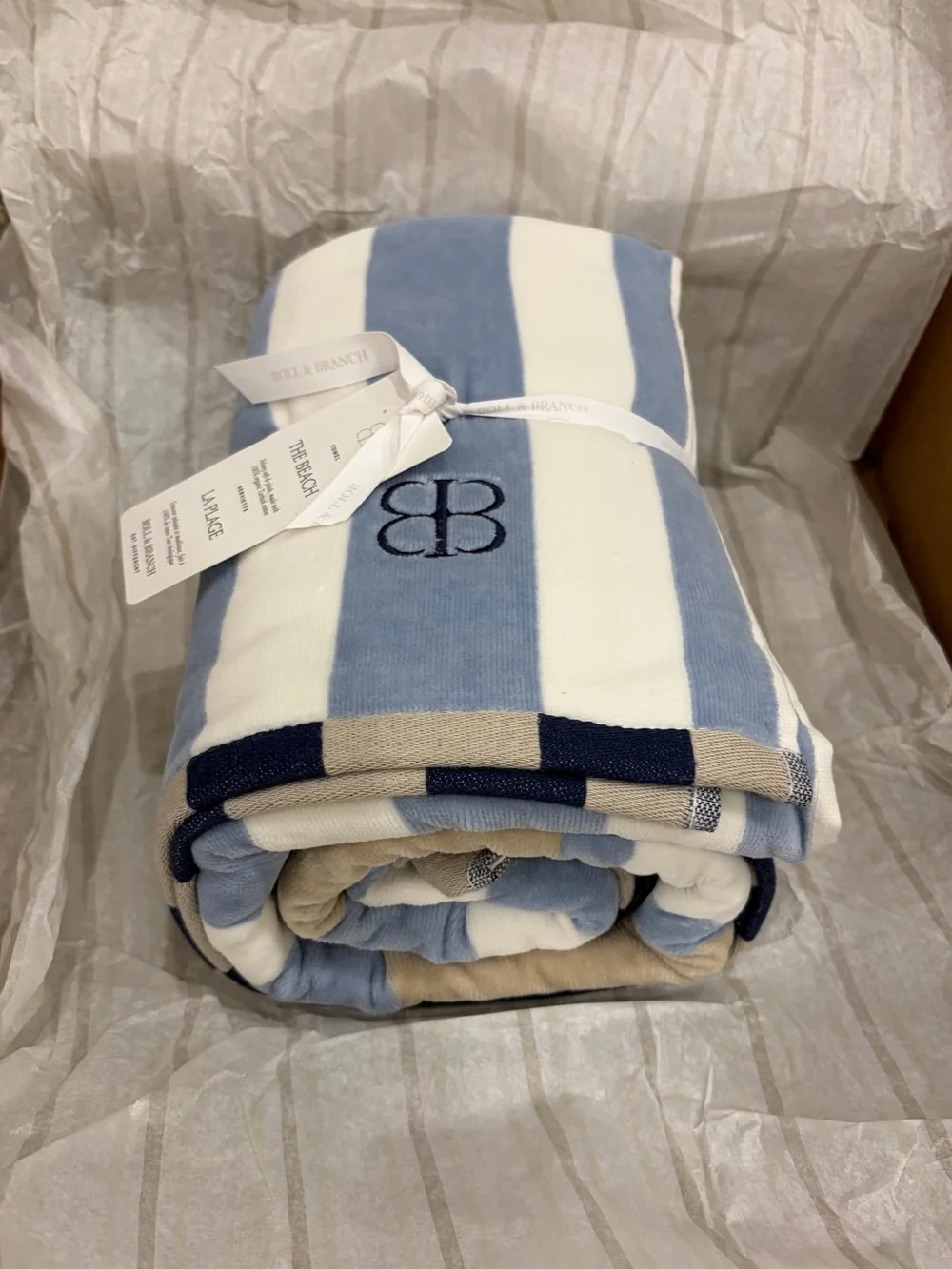 Boll & Branch Hydrangea Harbor Stripe beach towel 🏝️